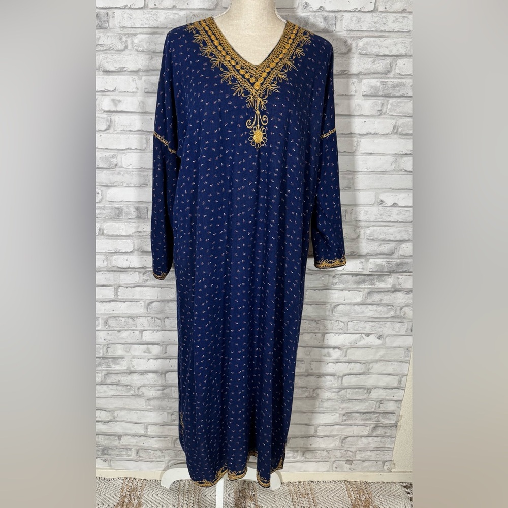 Elegant Navy Blue Dress with Gold Accents